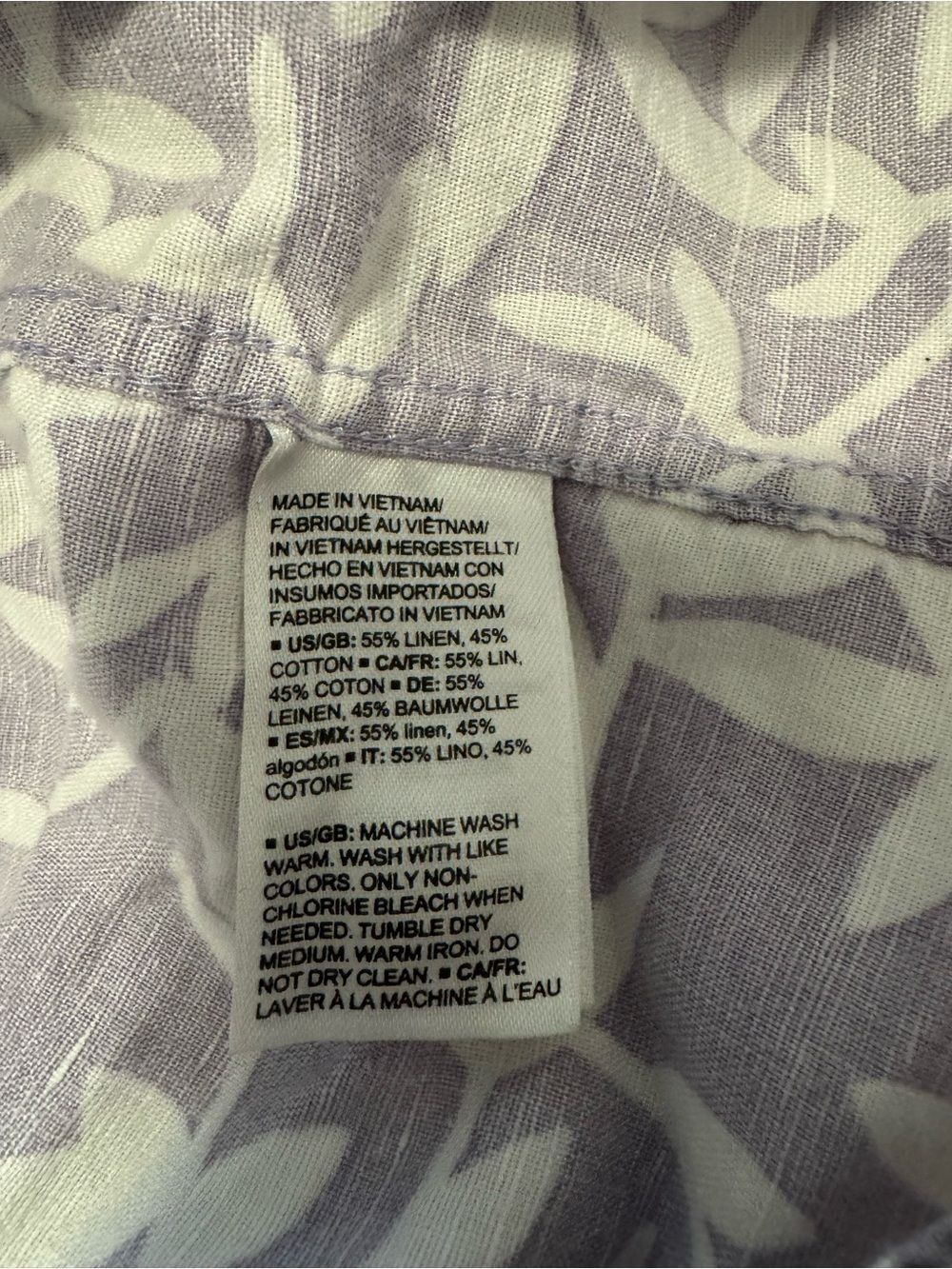 Men's Lilac Short-Sleeve Button-Up Linen Cotton Shirt with White Leaf Print XL - Picture 4 of 5